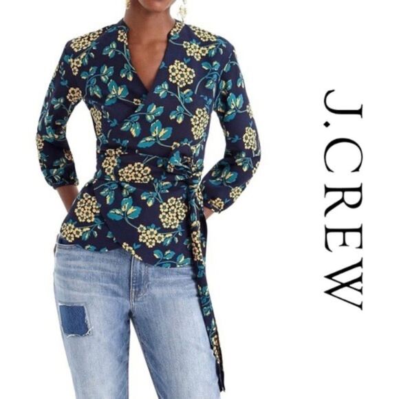 J. Crew Floral Draped Crepe Wrap Top Blue Yellow Flower Print Blouse Size Large - Picture 1 of 4